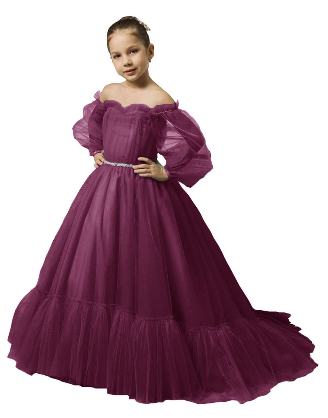 Puffy Sleeves Flower Girl Dress for Wedding Tulle Princess Pageant Dress Kids Prom Ball Gown with Belt