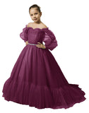 Puffy Sleeves Flower Girl Dress for Wedding Tulle Princess Pageant Dress Kids Prom Ball Gown with Belt