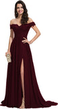 Women's Off The Shoulder Long Prom Dresses with Slit Lace Appliqued Chiffon Formal Party Gowns
