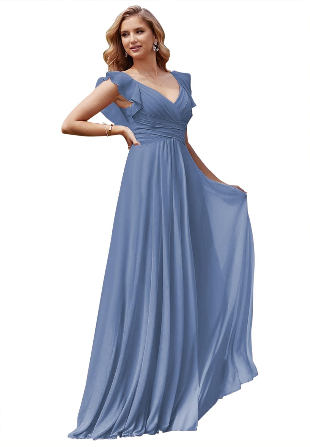 Women's V Neck Ruffle Chiffon Bridesmaid Dresses Long with Pockets Ruched Formal Dresses