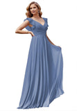 Women's V Neck Ruffle Chiffon Bridesmaid Dresses Long with Pockets Ruched Formal Dresses