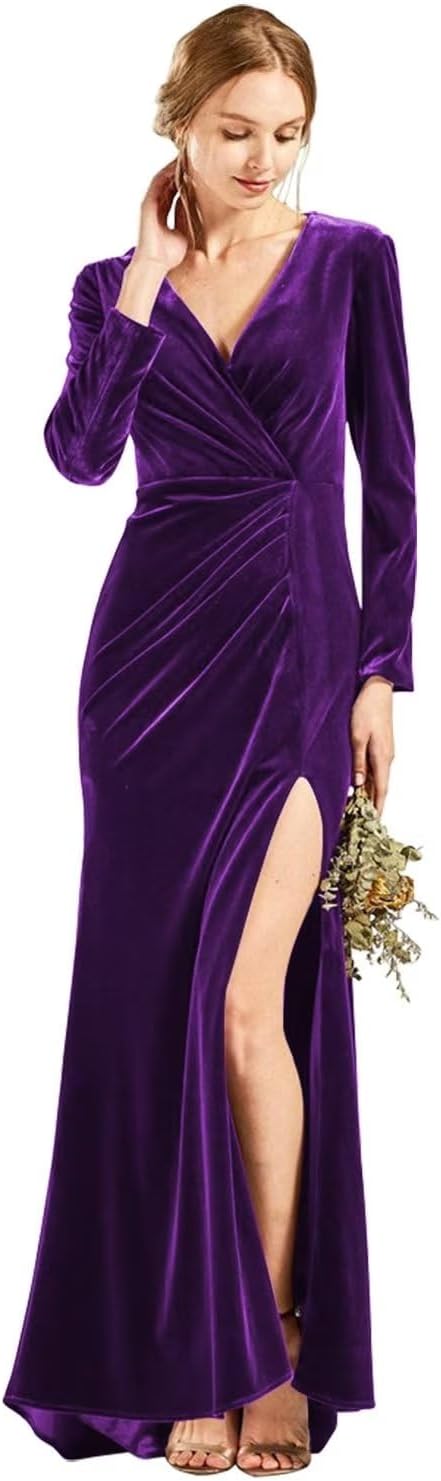 Langärmliges Brautjungfernkleid aus Samt mit Schlitz, V-Ausschnitt, Meerjungfrau-Stil, formelles Kleid für Damen