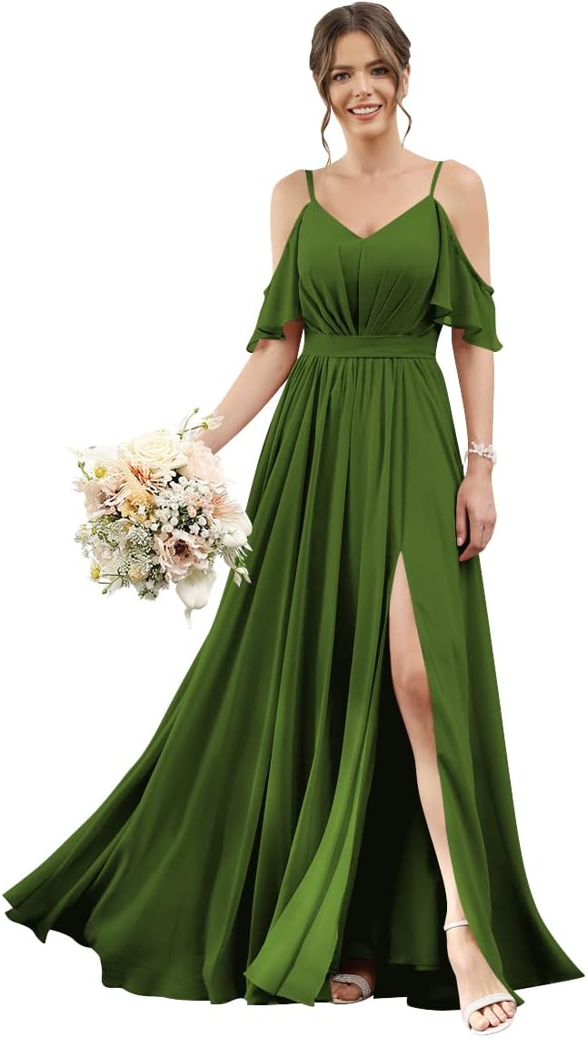 Women's Cold Shoulder Ruffle Sleeves Bridesmaid Dresses for Women 2025 Pleated Chiffon Formal Dresses with Slit