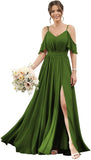 Women's Cold Shoulder Ruffle Sleeves Bridesmaid Dresses for Women 2025 Pleated Chiffon Formal Dresses with Slit