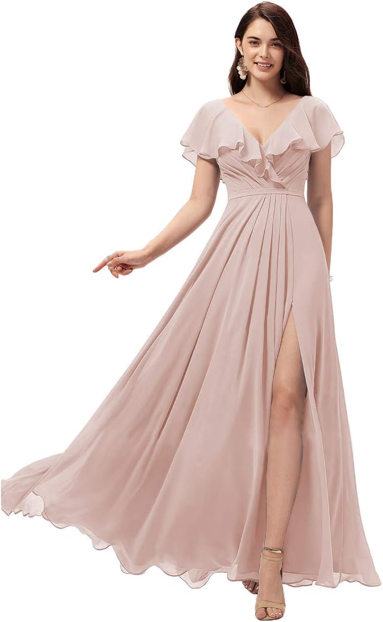 Vestidos de dama de honor largos con escote en V y volantes de gasa para mujer, vestidos de noche formales