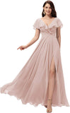 Vestidos de dama de honor largos con escote en V y volantes de gasa para mujer, vestidos de noche formales
