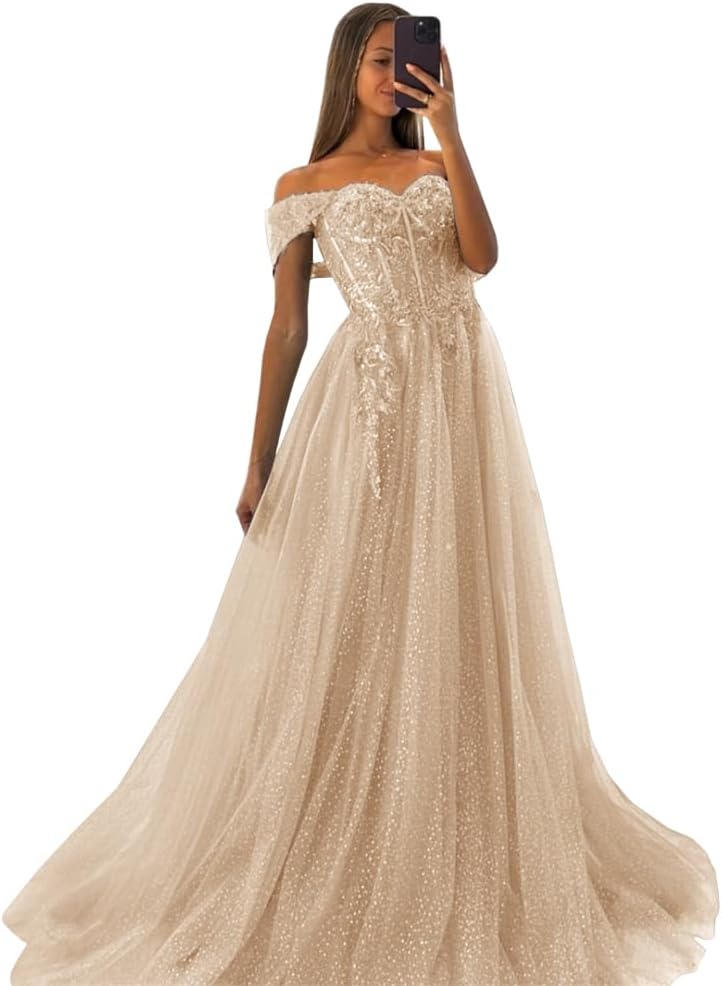 Off The Shoulder Tulle Prom Dresses 2027 Lace Applique A Line Long Sparkly Formal Evening Party Gowns