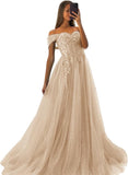 Off The Shoulder Tulle Prom Dresses 2027 Lace Applique A Line Long Sparkly Formal Evening Party Gowns