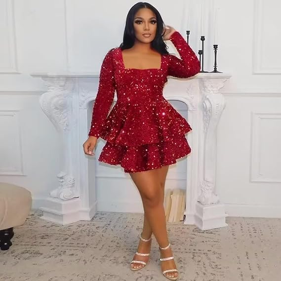Sequin Short Homecoming Dress for Teen Sparkly Long Sleeve Prom Sweet 16 Dresses Cocktail Gowns