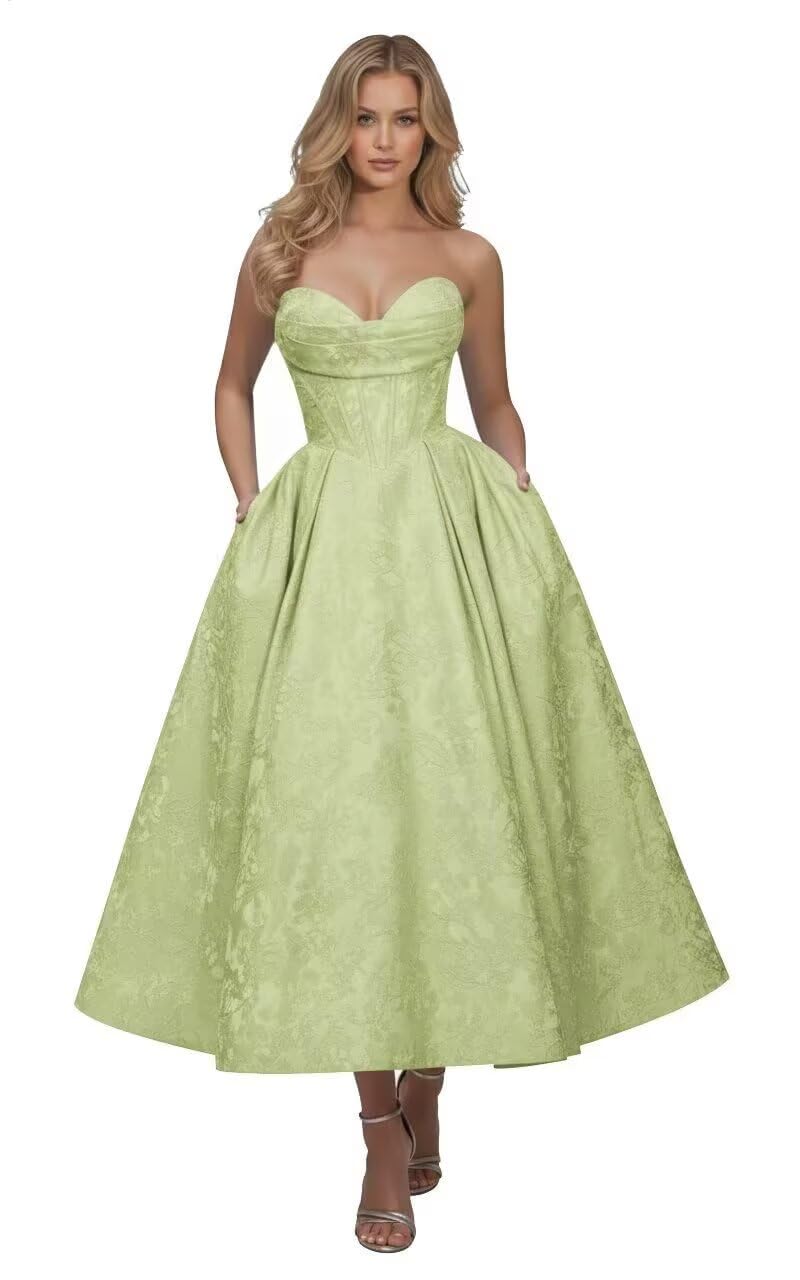 Strapless Floral Satin Prom Dresses for Women 2026 Jacquard Aline Formal Evening Party Dress with Pockets