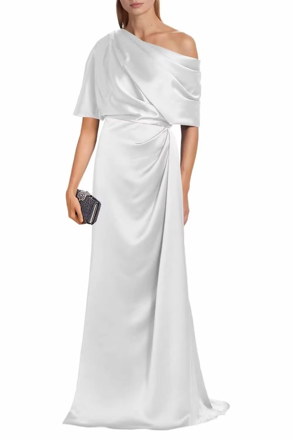 Satin Mother of The Bride Dresses for Wedding One Shoulder Formal Dress with Sleeves Mermaid Evening Party Gowns