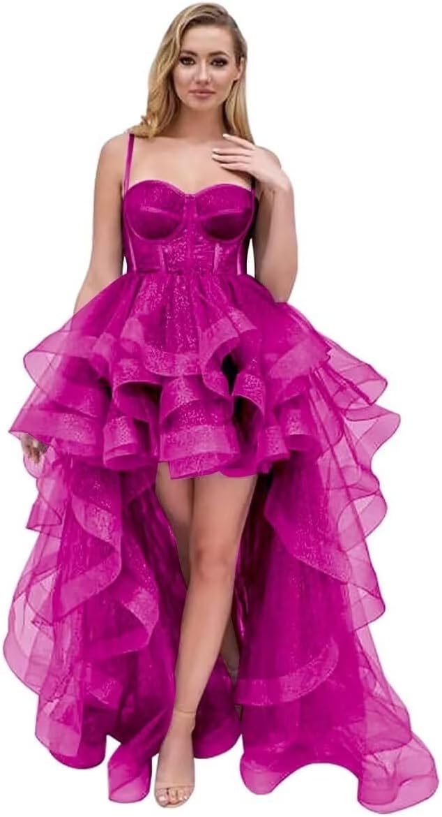 Spaghetti Cocktail Party Dress for Women High-Low Ruffled Summer Dress Long Trailing Prom Ball Gown