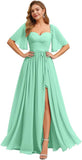Women's Chiffon Bridesmaid Dresses for Wedding Flutter Sleeves Ruched A Line Long Formal Dress with Slit