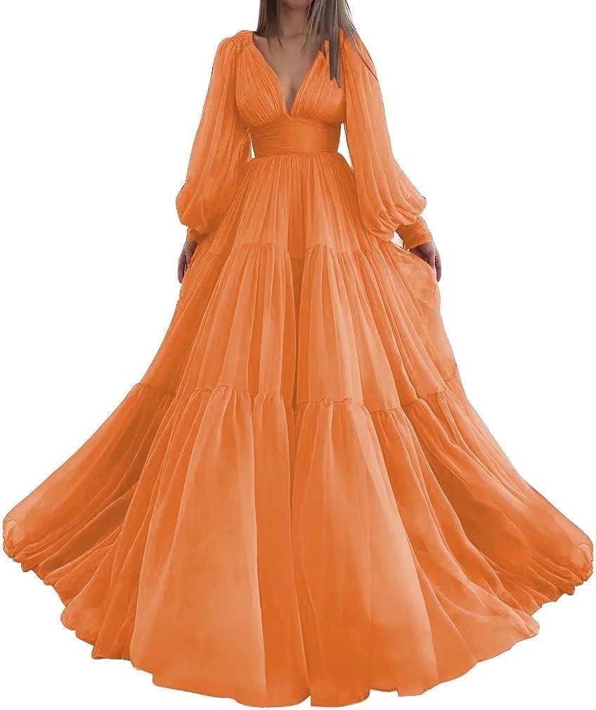 Langes Ballkleid mit Puffärmeln, Tüll, Ballkleid für Damen, Brautkleider, V-Ausschnitt, formelle Abendkleider