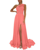 One Shoulder Chiffon Bridesmaid Dresses for Wedding 2026 Lace A-Line Slit Formal Evening Party Gown with Pockets