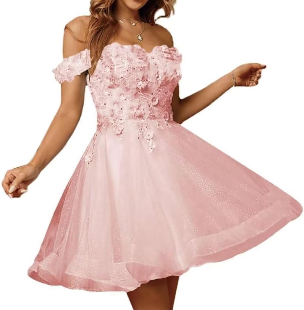 Sparkly Tulle Homecoming Dresses for Teens 2027 3D Flowers Cocktail Gowns Off Shoulder Short Prom Dresses
