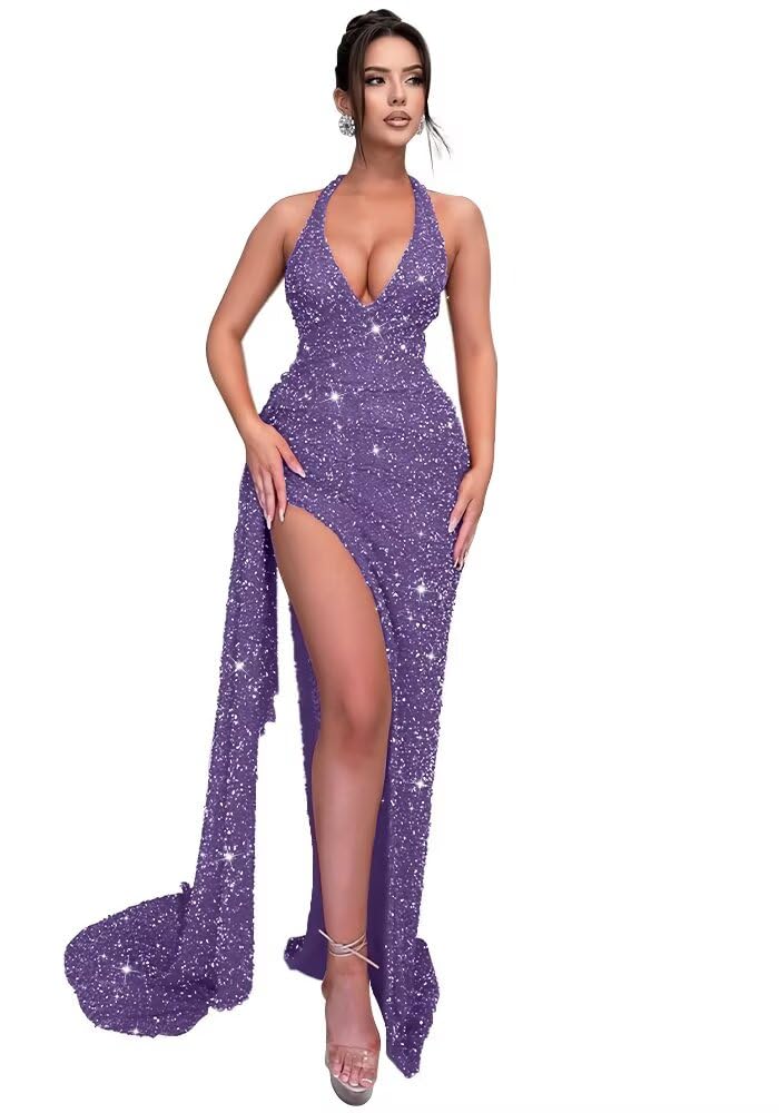 Sparkly Sequin Halter Prom Dresses for Women Mermaid Formal Dress with Slit Backless Ruched Evening Party Gowns
