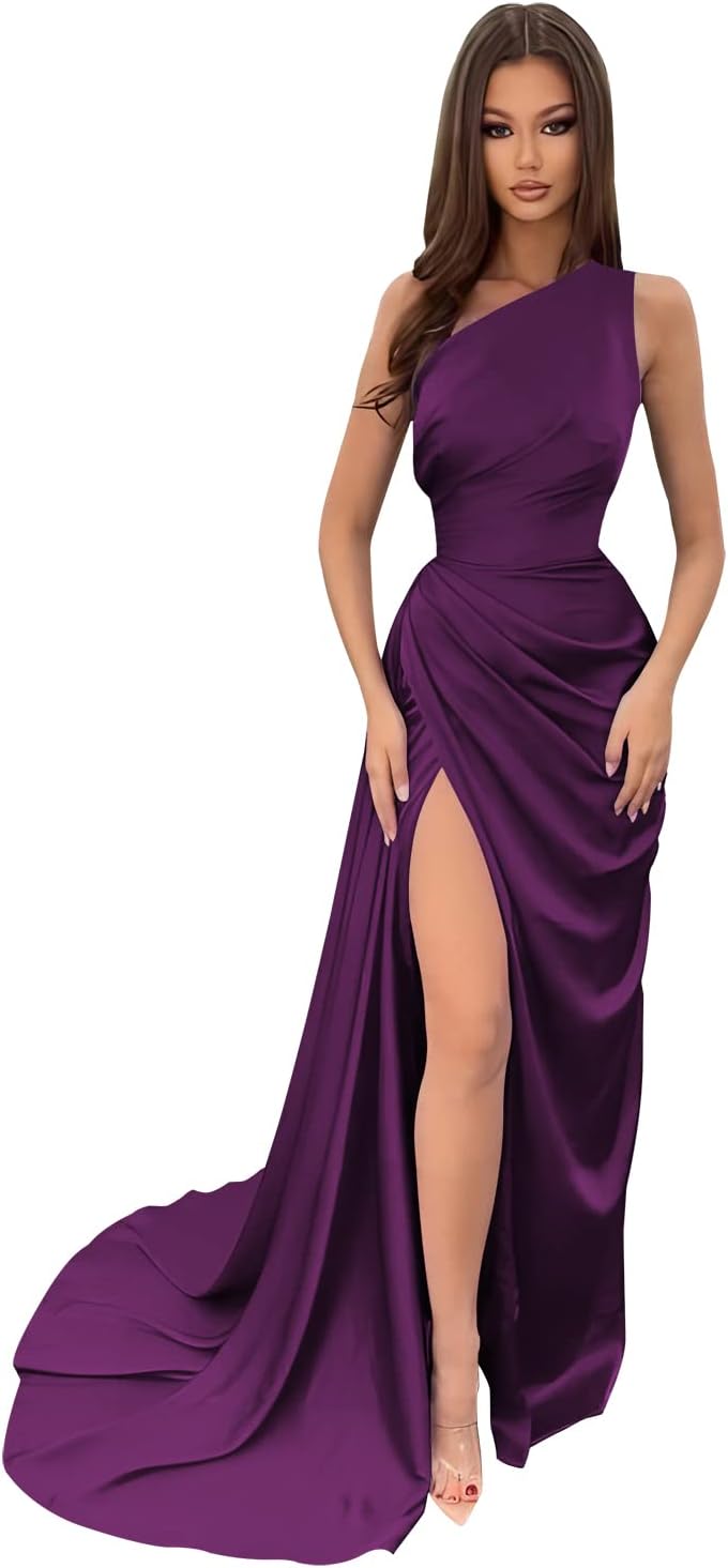 Vestidos de dama de honor largos con un hombro al descubierto y pliegues de satén estilo sirena para fiesta de boda formal 