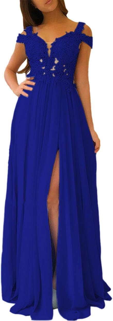 Women's Lace Appliques Prom Dresses Long with Slit Cold Shoulder Formal Party Gown