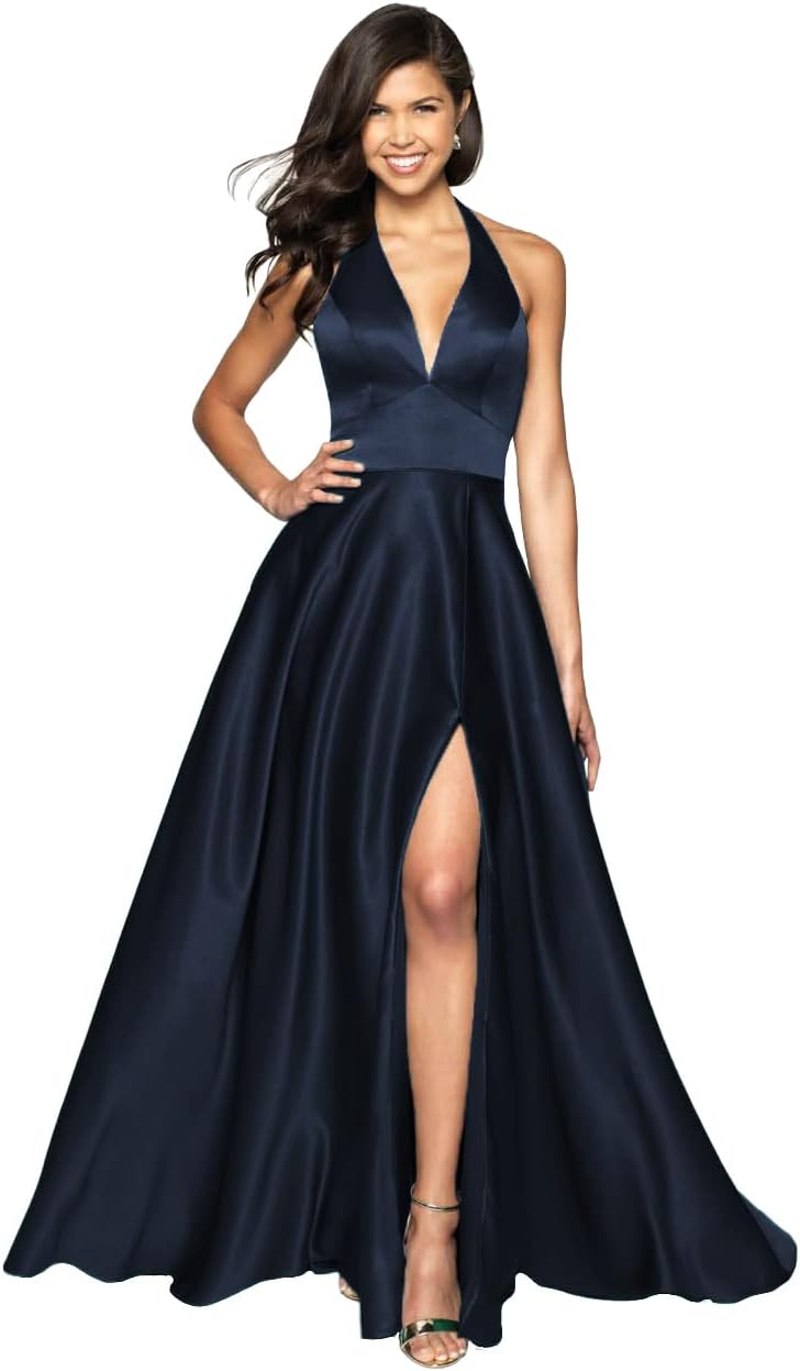 Womens Satin Prom Dresses Long with Slit Halter Evening Formal Gowns for Women with Pockets