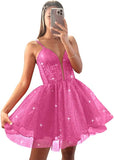 Glitter Tulle Homecoming Dresses for Teens Spaghetti V Neck Short Prom Dresses A Line Mini Cocktail Party Gowns