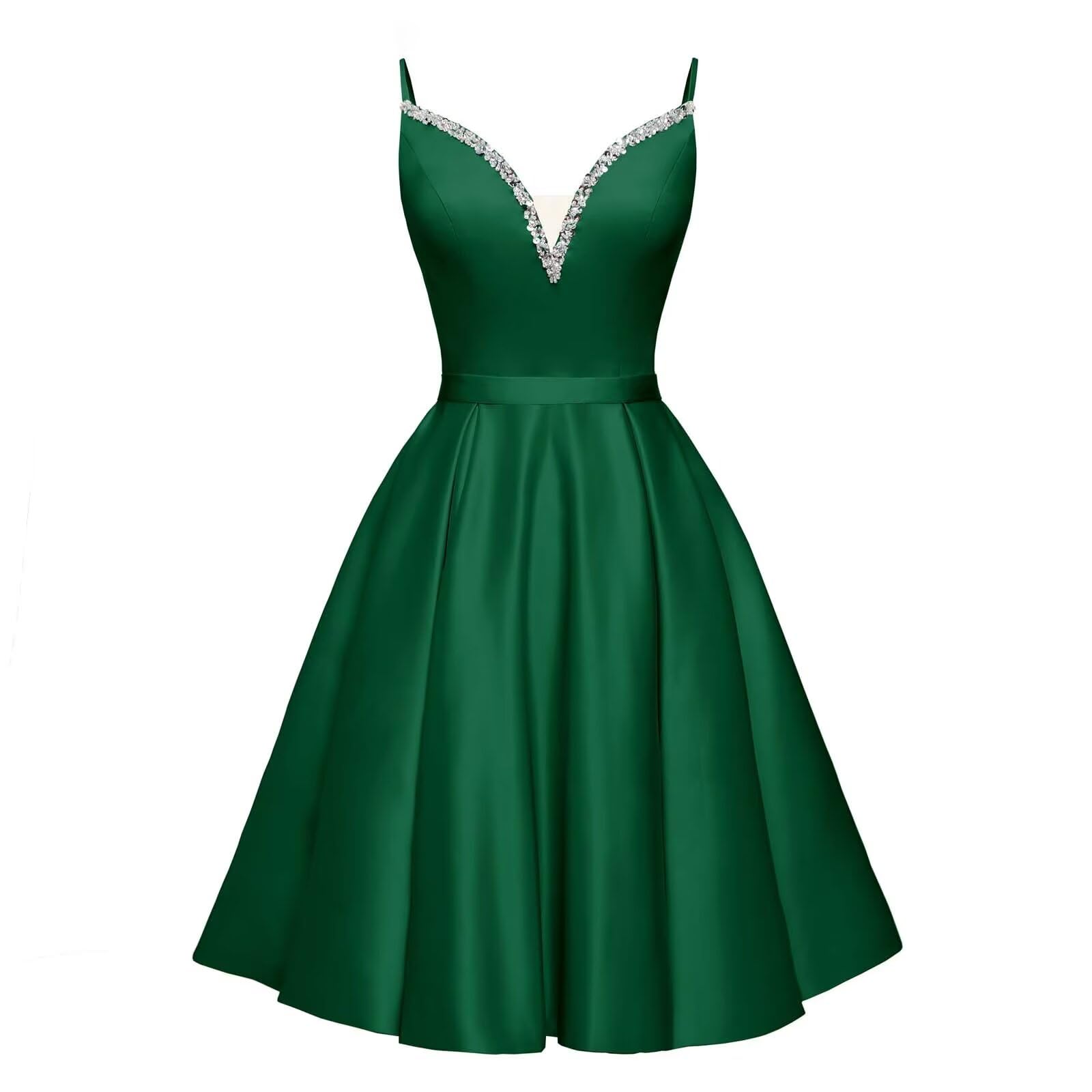 Spaghetti Straps Satin Homecoming Dresses for Teens V-Neck Short Prom Dress A-Line Beaded Cocktail Party Gowns