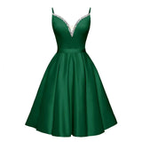 Spaghetti Straps Satin Homecoming Dresses for Teens V-Neck Short Prom Dress A-Line Beaded Cocktail Party Gowns
