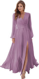 Women's Long Sleeve Bridesmaid Dresses with Slit V Neck A Line Chiffon Formal Evening Gowns with Pockets Mother of the Bride Gowns
