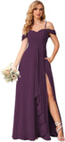 Damen Schulterfreies Brautjungfernkleid Lang mit Schlitz Chiffon Rüschen Falten Formales Partykleid 