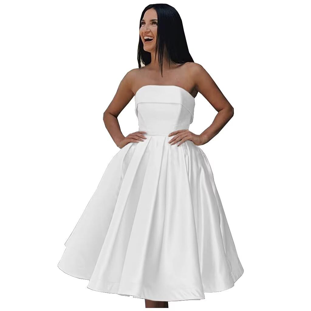 Tea Length Satin Cocktail Party Dresses for Women, Strapless Formal Evening Prom Gown Homecoming Graduation Dresses
