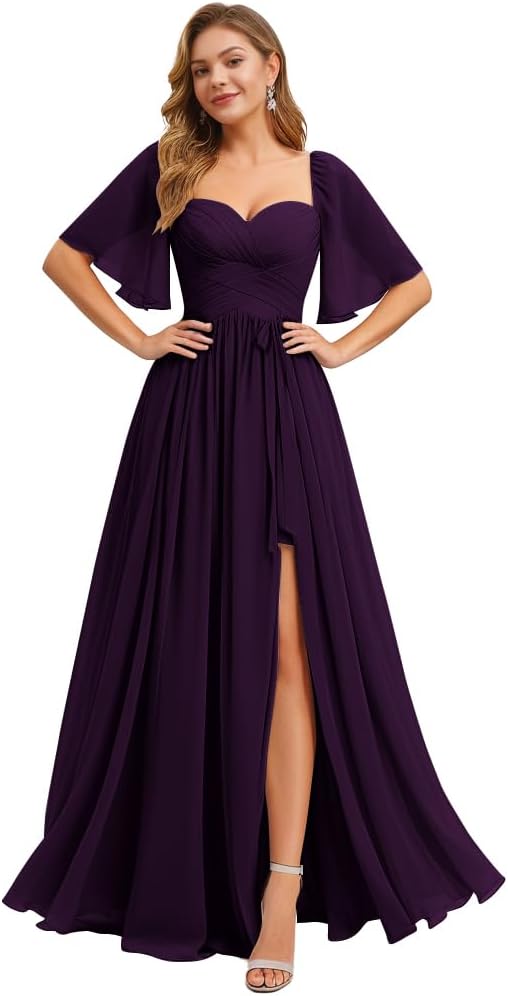 Women's Chiffon Bridesmaid Dresses for Wedding Flutter Sleeves Ruched A Line Long Formal Dress with Slit