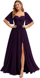 Women's Chiffon Bridesmaid Dresses for Wedding Flutter Sleeves Ruched A Line Long Formal Dress with Slit
