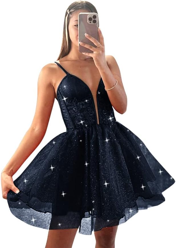 Glitter Tulle Homecoming Dresses for Teens Spaghetti V Neck Short Prom Dresses A Line Mini Cocktail Party Gowns