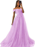Off The Shoulder Tulle Prom Dresses 2027 Lace Applique A Line Long Sparkly Formal Evening Party Gowns