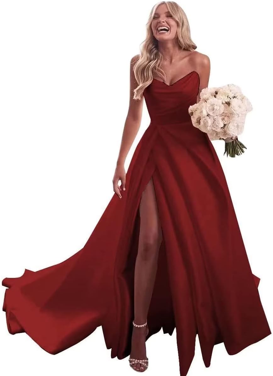 Trägerloses Ballkleid, langes Ballkleid, Satin-Brautkleid für die Braut, A-Linie, formelle Abendkleider mit Schlitz 