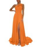 One Shoulder Chiffon Bridesmaid Dresses for Wedding 2026 Lace A-Line Slit Formal Evening Party Gown with Pockets
