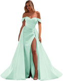 Vestidos de fiesta de satén con hombros descubiertos, corte sirena, fruncido, de noche formal, para mujer 