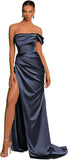 One Shoulder Mermaid Bridesmaid Dresses with Slit 2025 Pleats Satin Formal Evening Gowns for Women