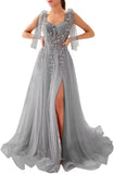 Appliques Tulle Lace Prom Dresses with Slit Spaghetti Straps Formal Evening Dress Sweetheart Ball Gowns