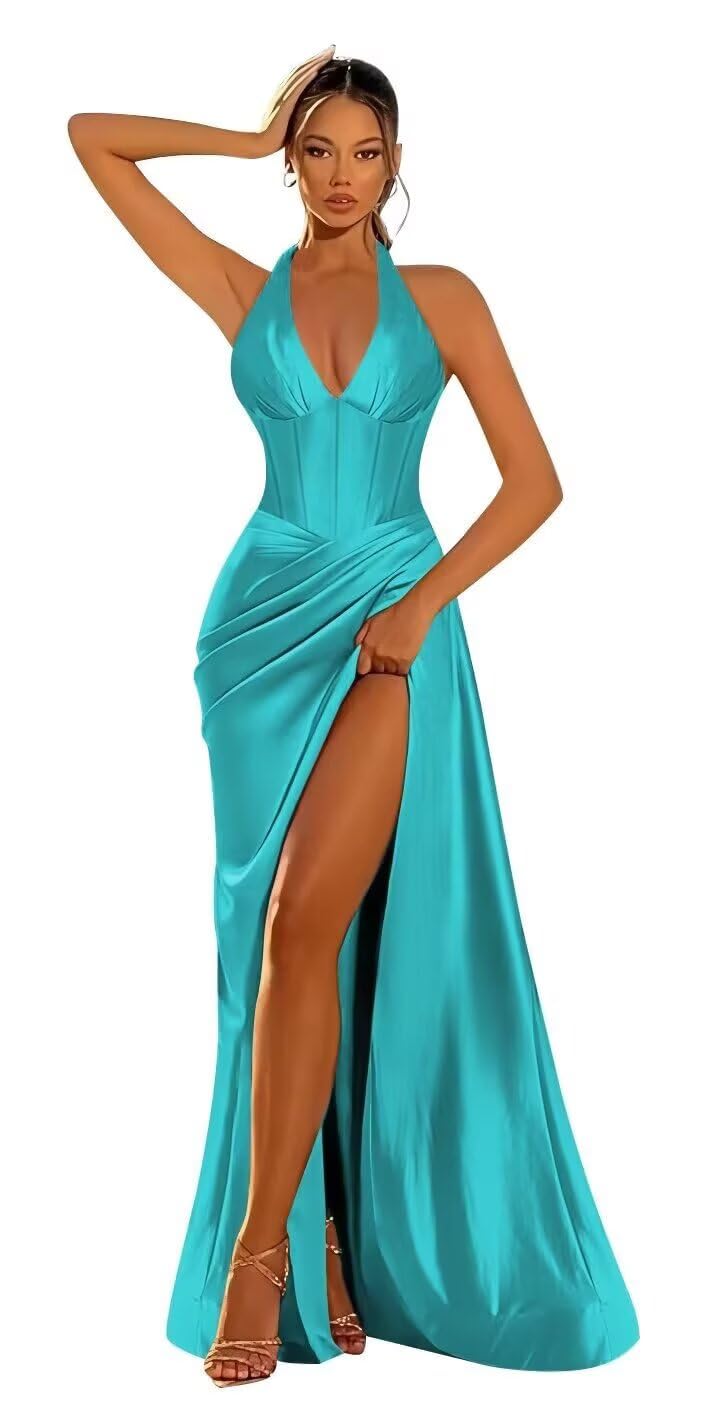 Halter Satin Prom Dresses for Women 2027 Long Mermaid Corset Formal Dress Pleated Evening Party Gowns with Slit