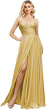 V Neck Satin Bridesmaid Dresses Spaghetti Straps Prom Dress Slit Wedding Formal Evening Party Dress