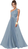 One Shoulder Bridesmaid Dresses for Women Chiffon A Line Pleated Long Formal Gowns with Pockets