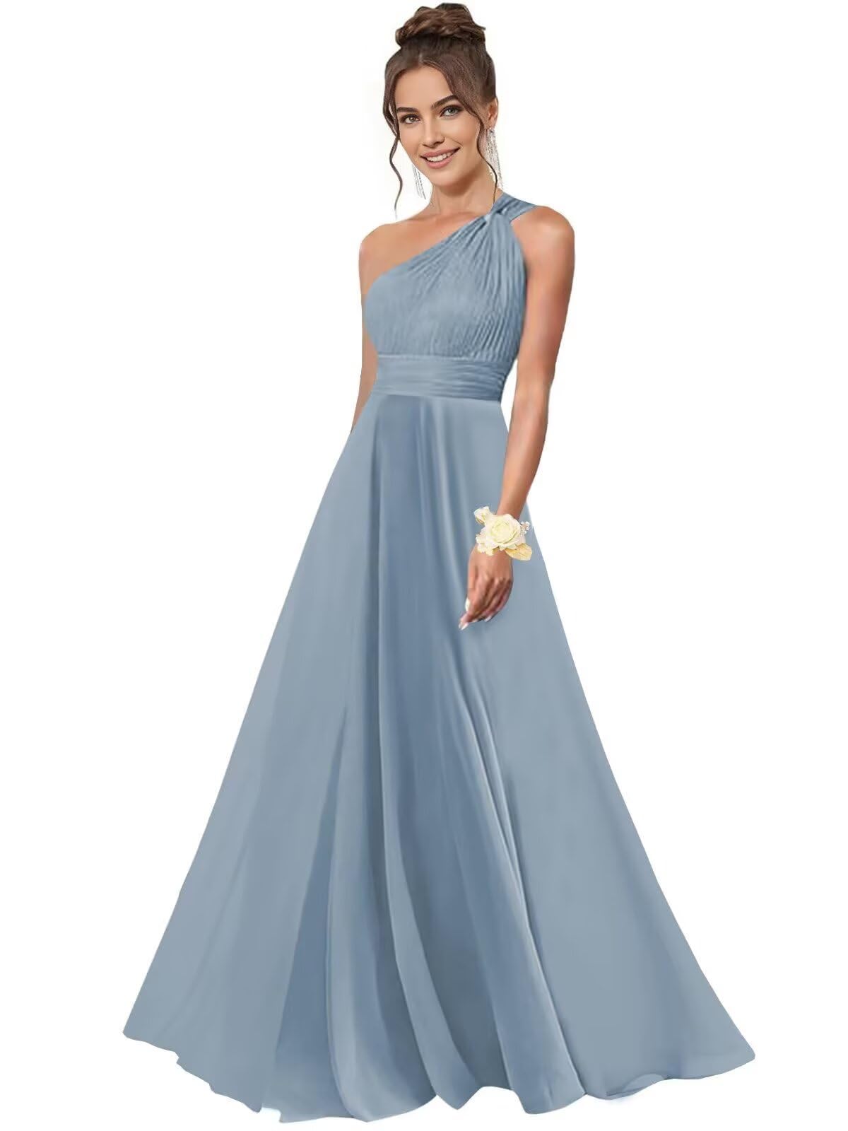 One Shoulder Bridesmaid Dresses for Women Chiffon A Line Pleated Long Formal Gowns with Pockets