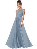 One Shoulder Bridesmaid Dresses for Women Chiffon A Line Pleated Long Formal Gowns with Pockets