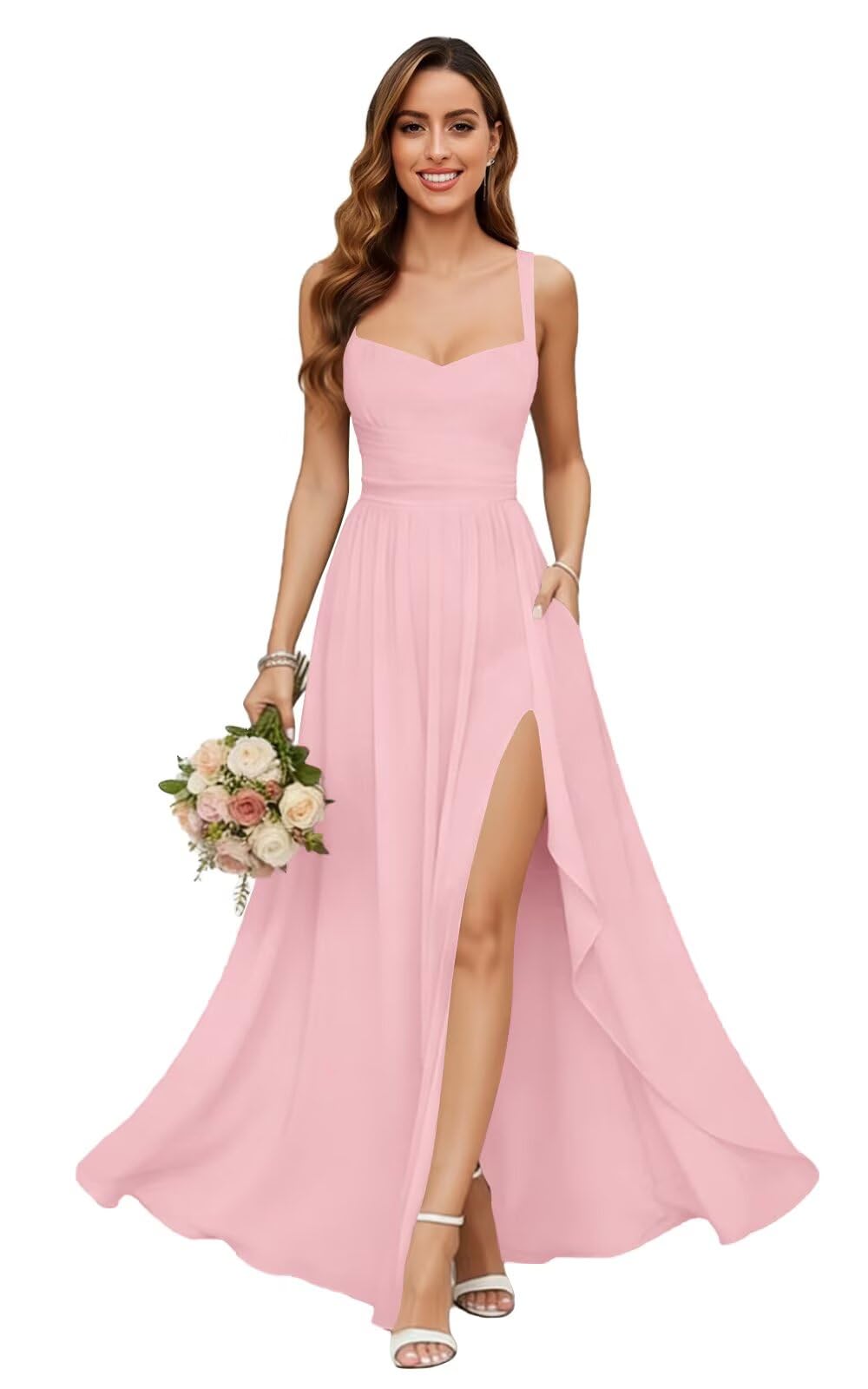 Chiffon Bridesmaid Dresses for Women Long Spaghetti Straps A-line Pleated Formal Evening Party Gowns with Pockets