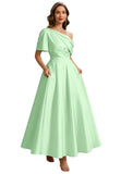 Kingbridal Satin Mother of The Bride Dresses for Women Tea Length Formal Dress One Shoulder Evening Party Gowns with Pockets