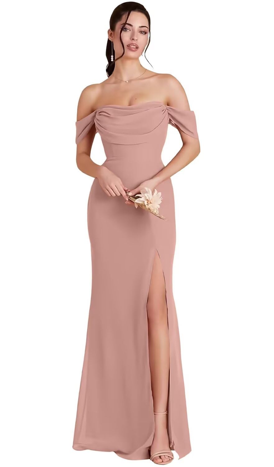 Kingbridal Gowns Off Shoulder Chiffon Bridesmaid Dresses for Women 2026 Long Ruched Cowl Neck Formal Evening Party Dress with Slit