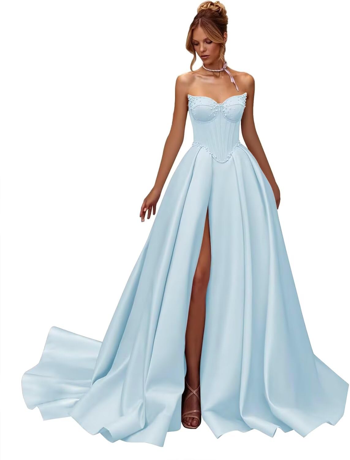 Kingbridal Gowns Strapless Prom Dresses for Women 2026 Long Satin A-line Formal Dress with Slit Beaded Corset Evening Party Gowns