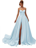 Kingbridal Gowns Strapless Prom Dresses for Women 2026 Long Satin A-line Formal Dress with Slit Beaded Corset Evening Party Gowns