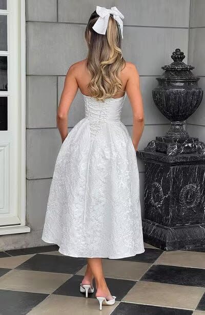 Satin Floral Jacquard Prom Dress for Women Strapless Corset Tea Length Formal Cocktail Evening Gowns